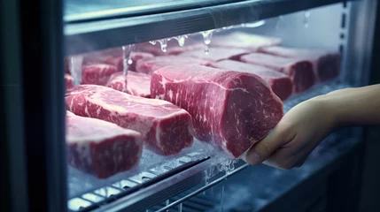 Fotobehang Close-up of human hand taking fresh meat from fridge © muji