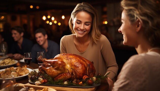 Familia sentada a la mesa celebrando las fiestas de Navidad. Cena tradicional. Familia feliz cenando en mesa festiva el día de Acción de Gracias.