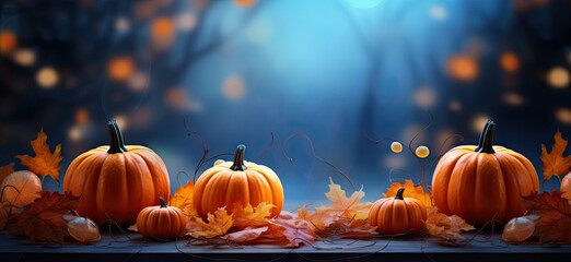 Naklejka na ściany i meble bouncing leaves with pumpkins on a table Generative AI