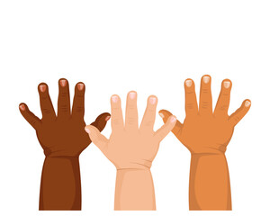 A group of children's raised hands of different nationality and ethnicity. Illustration, vector