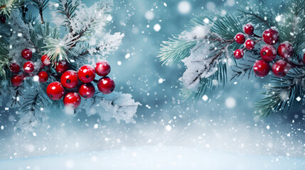 Abstract Christmas snowy background with frosty bright red holly berries. Light blue winter festive background with bokeh and copy space.