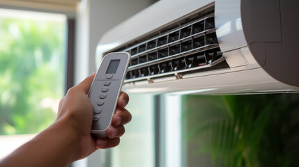 Close up of hand holding remote control of air conditioner. - obrazy, fototapety, plakaty
