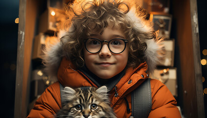 Obraz premium Smiling child embraces cute pet in winter generated by AI