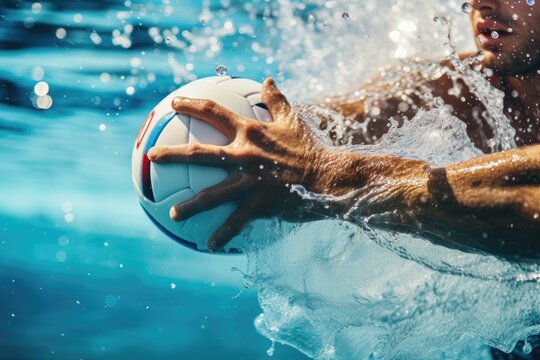 Close-up shot of the water polo player with the ball