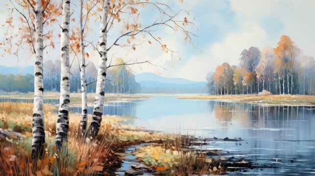 Landscape with a lake and birch trees with autumn leaves. Watercolor painting