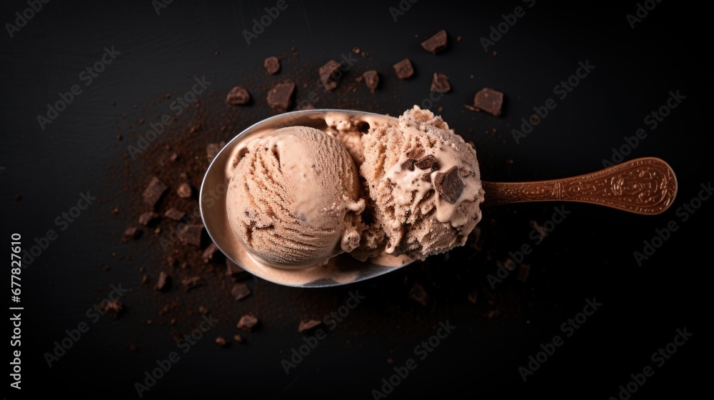 Poster two scoops of ice cream on a spoon with chocolate chunks on a black background with a spoon full of 