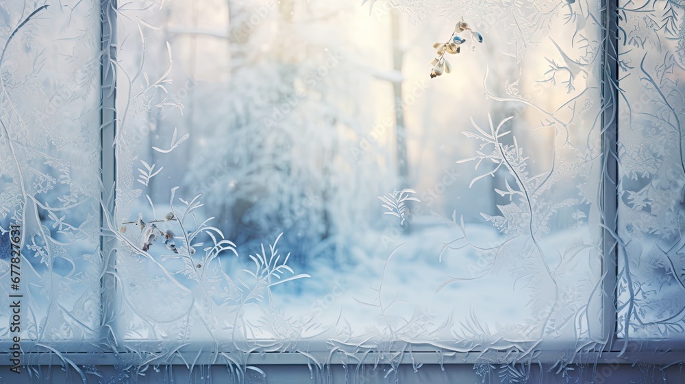 Poster a view of a snowy forest through a frosted glass window with a bird flying in the foreground and tre