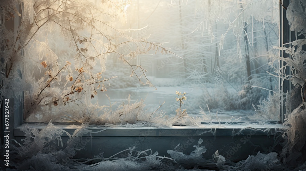 Poster a window with frost on the windowsill and a view of a snowy forest through a frosted window pane.