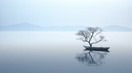  a lone boat floating on a lake with a lone tree in the middle of the water and mountains in the background.