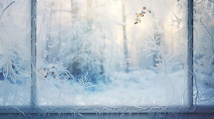  a view of a snowy forest through a frosted glass window with a bird flying in the foreground and trees in the background.