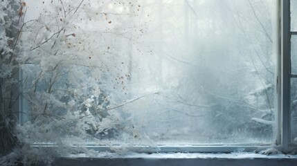  a window with a view of a snowy forest outside of it, with snow on the window sill and branches in the foreground.