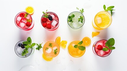  a group of glasses filled with different types of drinks and garnished with limes, strawberries, and raspberries.