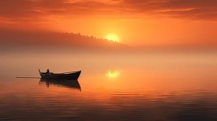 Fotobehang  a small boat floating on top of a body of water under a red and orange sky with the sun in the distance. © Olga