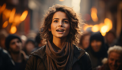 Young woman smiling outdoors in the city at night generated by AI
