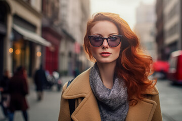 A stylish woman with red hair and sunglasses poses on a city street.