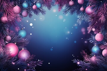 Obraz na płótnie Canvas Christmas background with spruce balls and snowflakes and fir branches in neon purple colors, winter holidays design