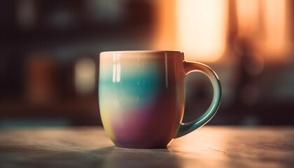 Coffee cup on wooden table, steam rising, perfect temperature generated by AI