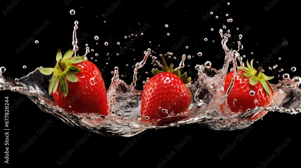Poster three strawberries splashing into the water on a black background with a splash of water on the bott