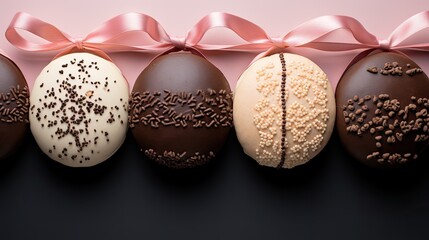  a row of chocolate eggs with sprinkles and a pink ribbon on a black surface with a pink background.