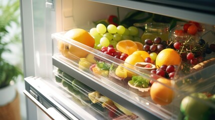 Refrigerator full of fresh fruits and vegetables,