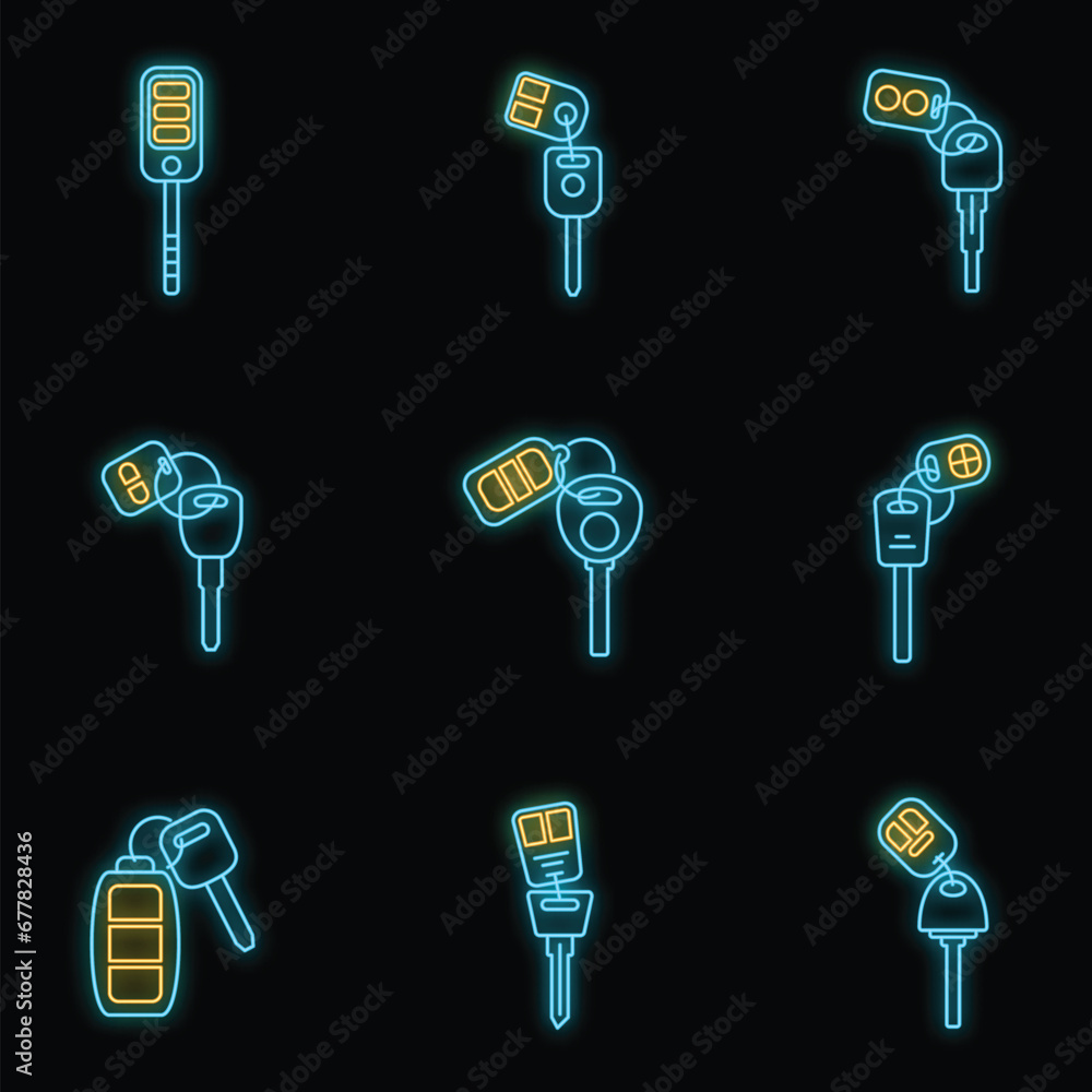 Poster modern car alarm system icons set. outline set of modern car alarm system vector icons neon color on