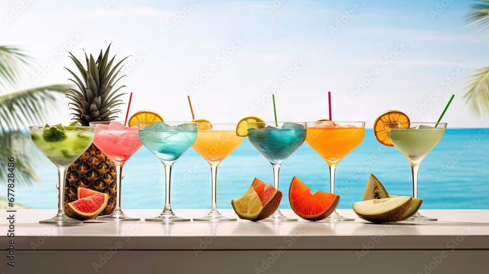 Aufkleber a row of different types of cocktails sitting on a window sill next to a palm tree and the ocean.
