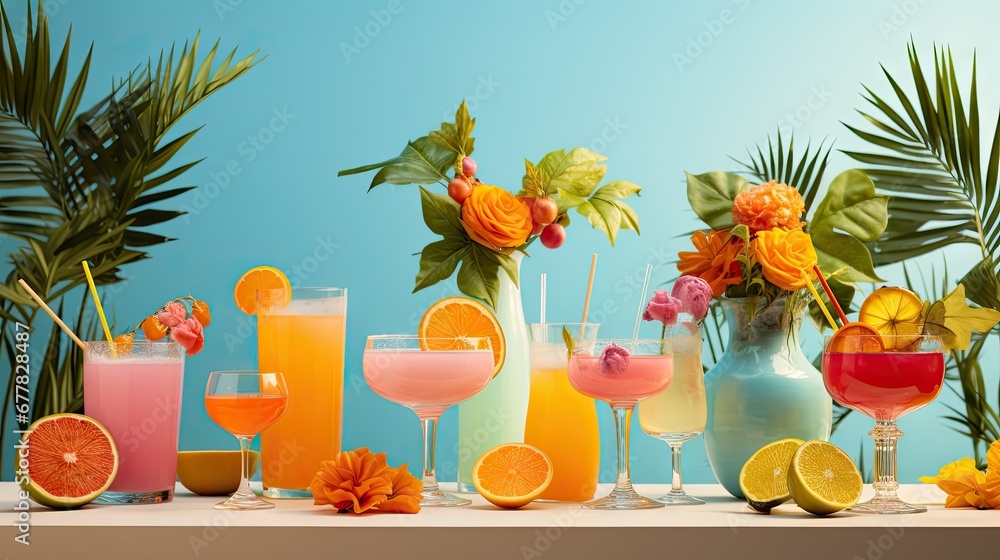 Aufkleber a table topped with lots of glasses filled with different types of drinks next to a vase filled with