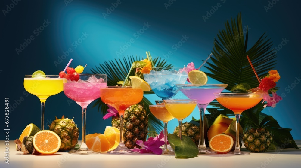Poster a table topped with lots of glasses filled with different types of drinks and garnished with pineapp