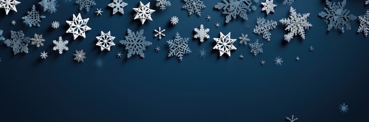 New Year's decor made of paper white snowflakes on a dark blue background, Generative AI