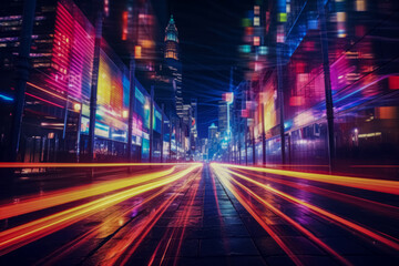 Fototapeta na wymiar Long exposure of a city street at night capturing the vibrant streaks of traffic lights and illuminated urban landscape