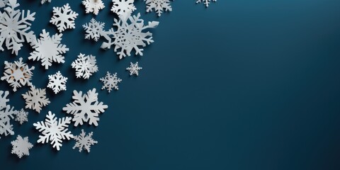 New Year's decor made of paper white snowflakes on a dark blue background, Generative AI