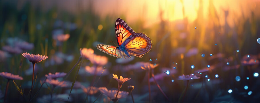 Fototapeta Mystical beautiful butterfly in a magical flower field. Butterfly fly over flowers meadow.