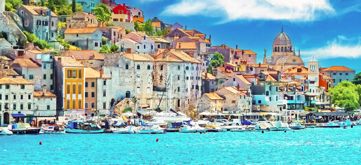 Beautiful old medieval mediterranean hill village harbor at turquoise blue adriatic sea in summer - Sibenik, Croatia