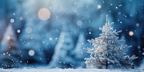 Fototapeta na wymiar Beautiful Christmas snowy tree in the forest. New Year. Generative AI