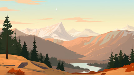 Illustration minimaliste et vectorielle d'un paysage coloré. Montagne, arbre, ciel. Espace pour conception et création graphique.