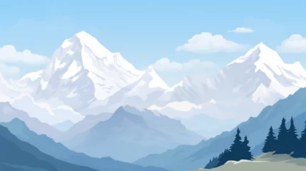 Rolgordijnen Illustration minimaliste et vectorielle d'un paysage coloré. Montagne, arbre, ciel. Espace pour conception et création graphique. © FlyStun