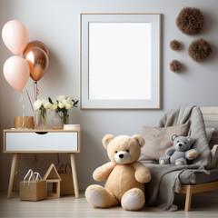 Cozy Nursery Room with Photorealistic Mockup of White Picture Frames and Pastel-Colored Baby Toys