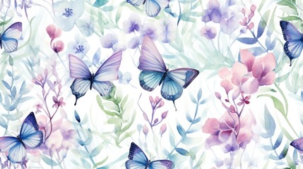  a watercolor painting of a bunch of butterflies flying over a field of wildflowers and pink and purple flowers.