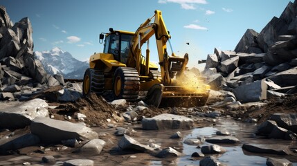 Fototapeta premium Construction activities near the site are underway, with the assistance of an excavator.