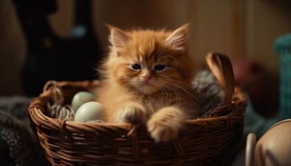 Fluffy young feline playing with toy in wicker basket generated by AI