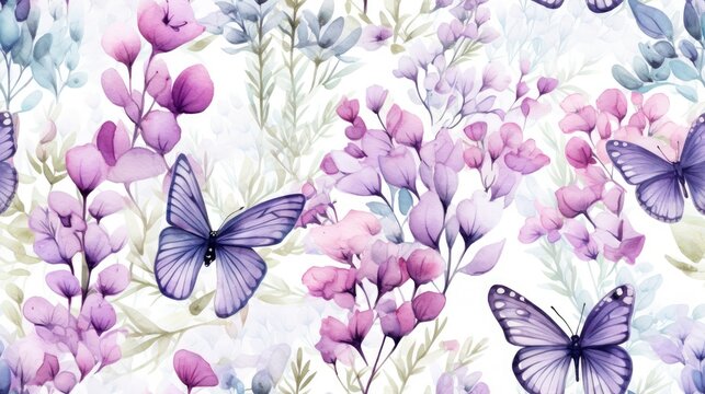  a watercolor painting of purple and pink flowers and butterflies on a white background with a watercolor effect of pink and purple flowers and purple butterflies on a white background.