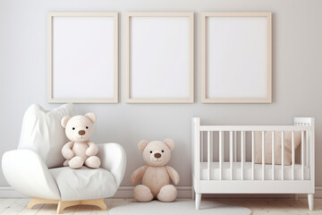 Cozy Nursery Room with Photorealistic Mockup of White Picture Frames and Pastel-Colored Baby Toys