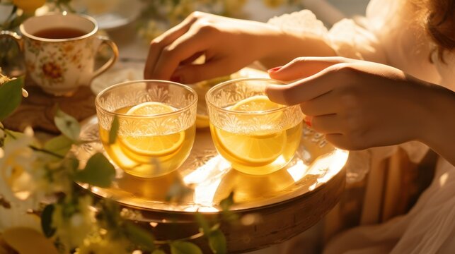 Hands delicately grasp a cup of zesty lemon tea.