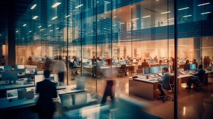 Office building with a large room full of tables and people working and part of the staff walking between the tables. Blurred people long exposure