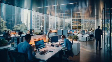 Interior of an office with people working at their jobs with large windows through which you can see large office buildings located in the financial district
