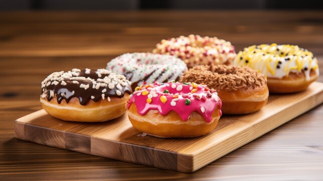 selection of donuts, each with distinct colors and flavors, arranged on a charming wooden table."