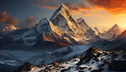 Majestic mountain peak, snow capped, tranquil scene generated by AI