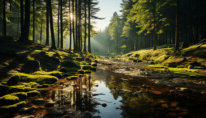 Tranquil scene of a green forest in autumn generated by AI