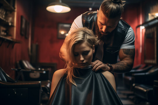 Portrait of male hairdresser cuts a girl's hair. Caucasian mid adult man using professional hairstyling equipment. Low angle view. . High quality photo