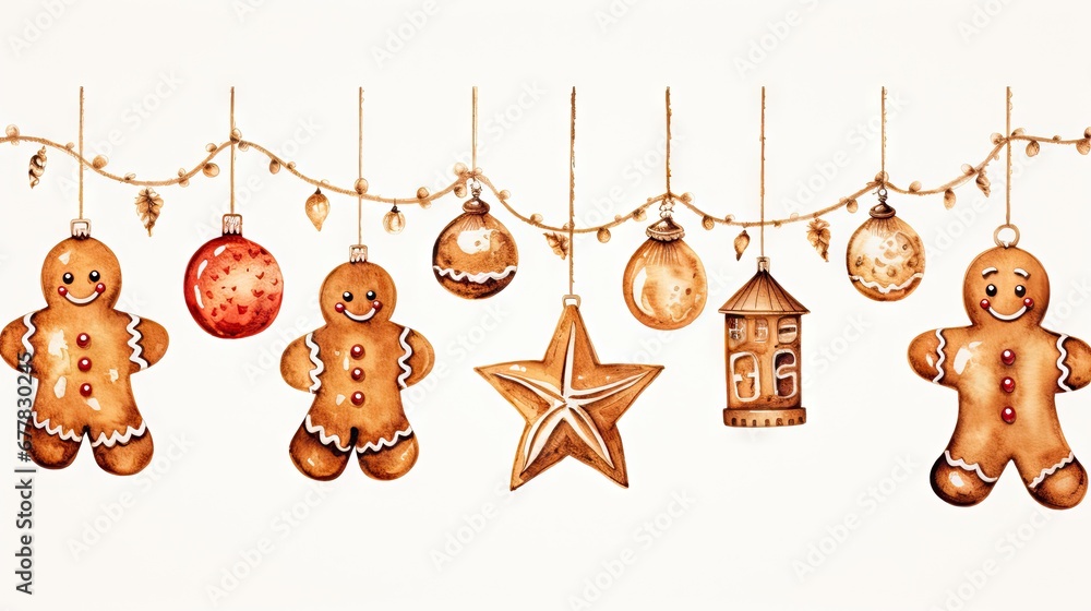 Poster a group of christmas ornaments hanging from a line of strings with a star and a ginger on one side a